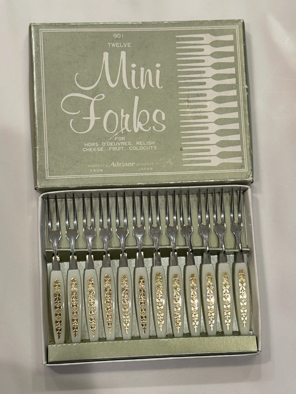 Vintage Adriane Mini Forks Set Stainless Steel Gold Foil Inlay in original box